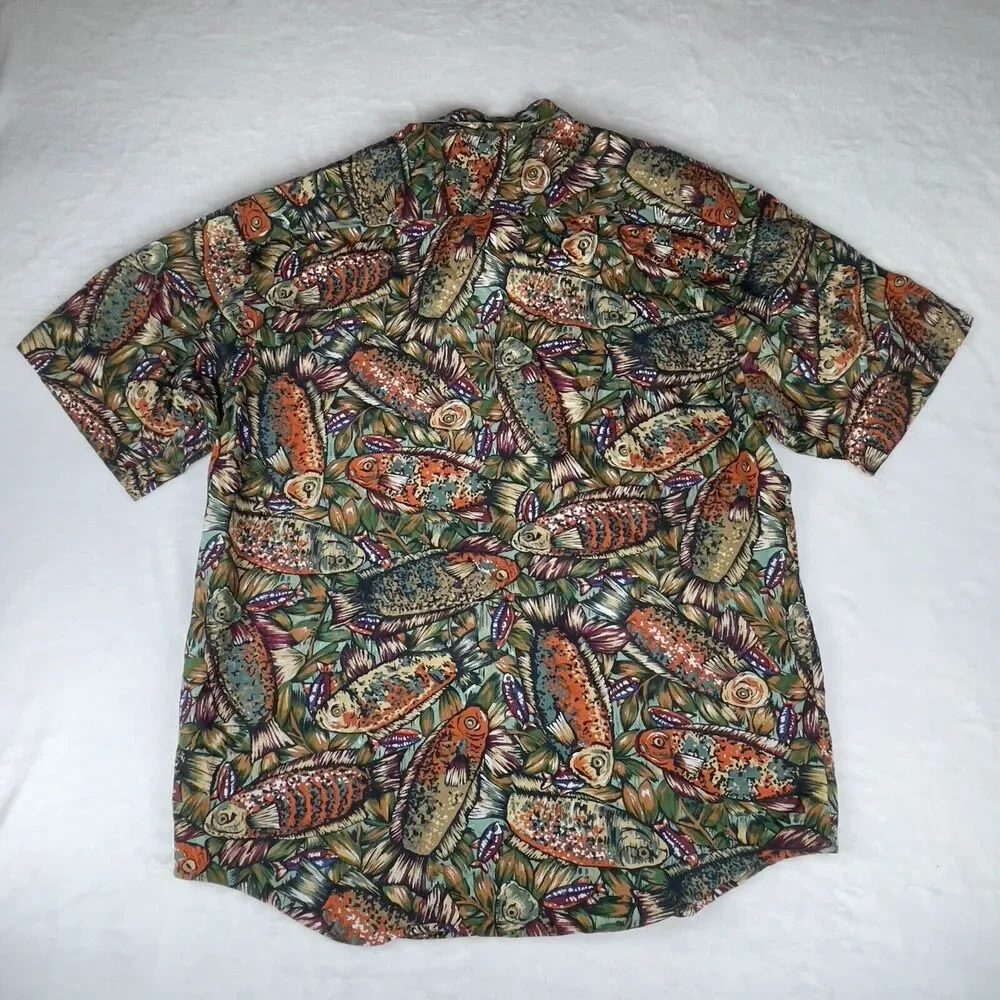 Banana Republic Safari Shirt Men XL Green All Over Fish Print Casual Button Down